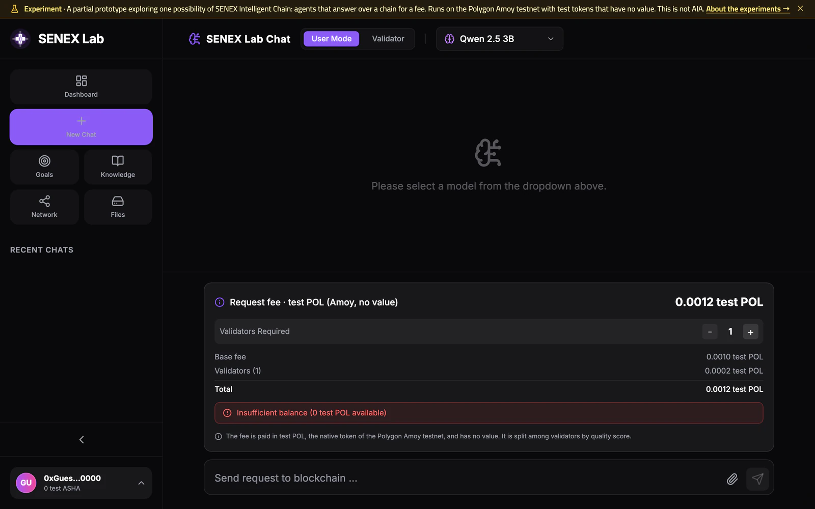Agents over a chain chat screen in User Mode with the Qwen 2.5 3B model selected and the request fee panel: 1 validator, base fee 0.0010 and total 0.0012 test POL (Amoy, no value)