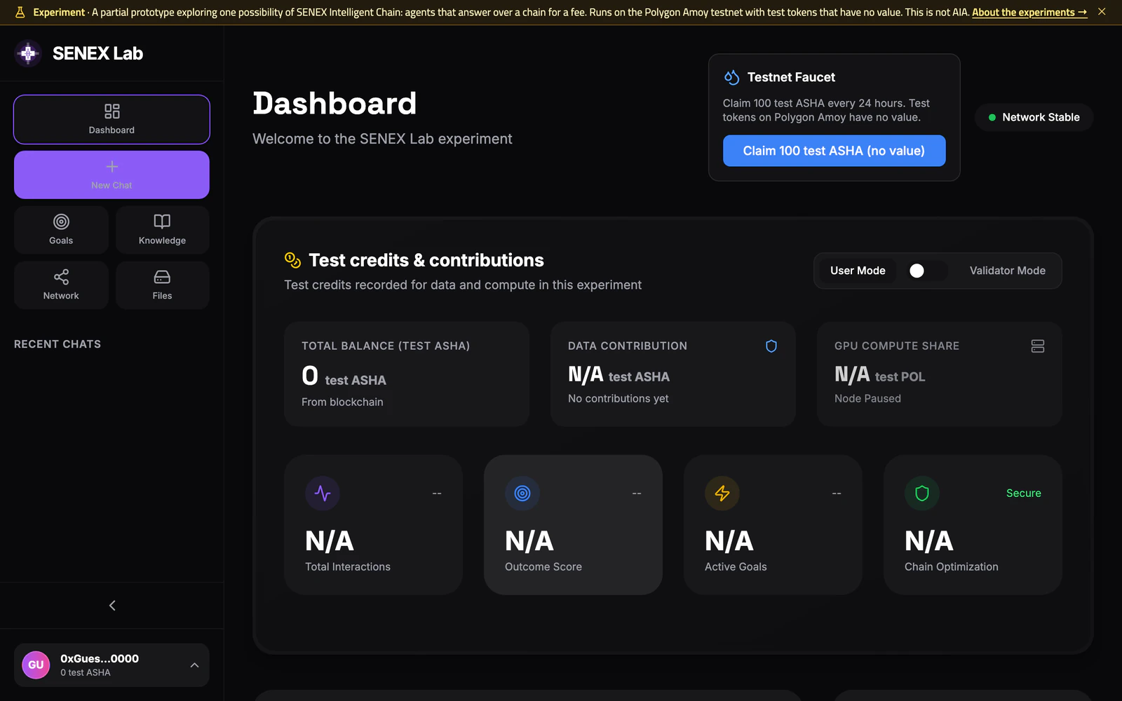 Agents over a chain experiment dashboard as a guest, with the yellow experiment banner at the top, a test credits panel showing 0 test ASHA, and a Testnet Faucet card offering 100 test ASHA with no value