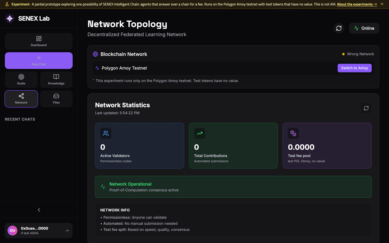 Agents over a chain Network page as a guest: Polygon Amoy Testnet with a Switch to Amoy button, and network statistics for active validators, total contributions and the test fee pool in test POL