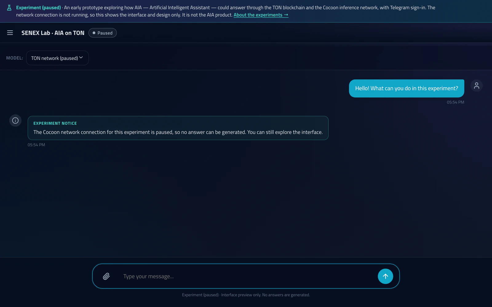 AIA on TON after a test message: the question "Hello! What can you do in this experiment?" and an Experiment Notice saying the Cocoon network connection is paused, so no answer can be generated