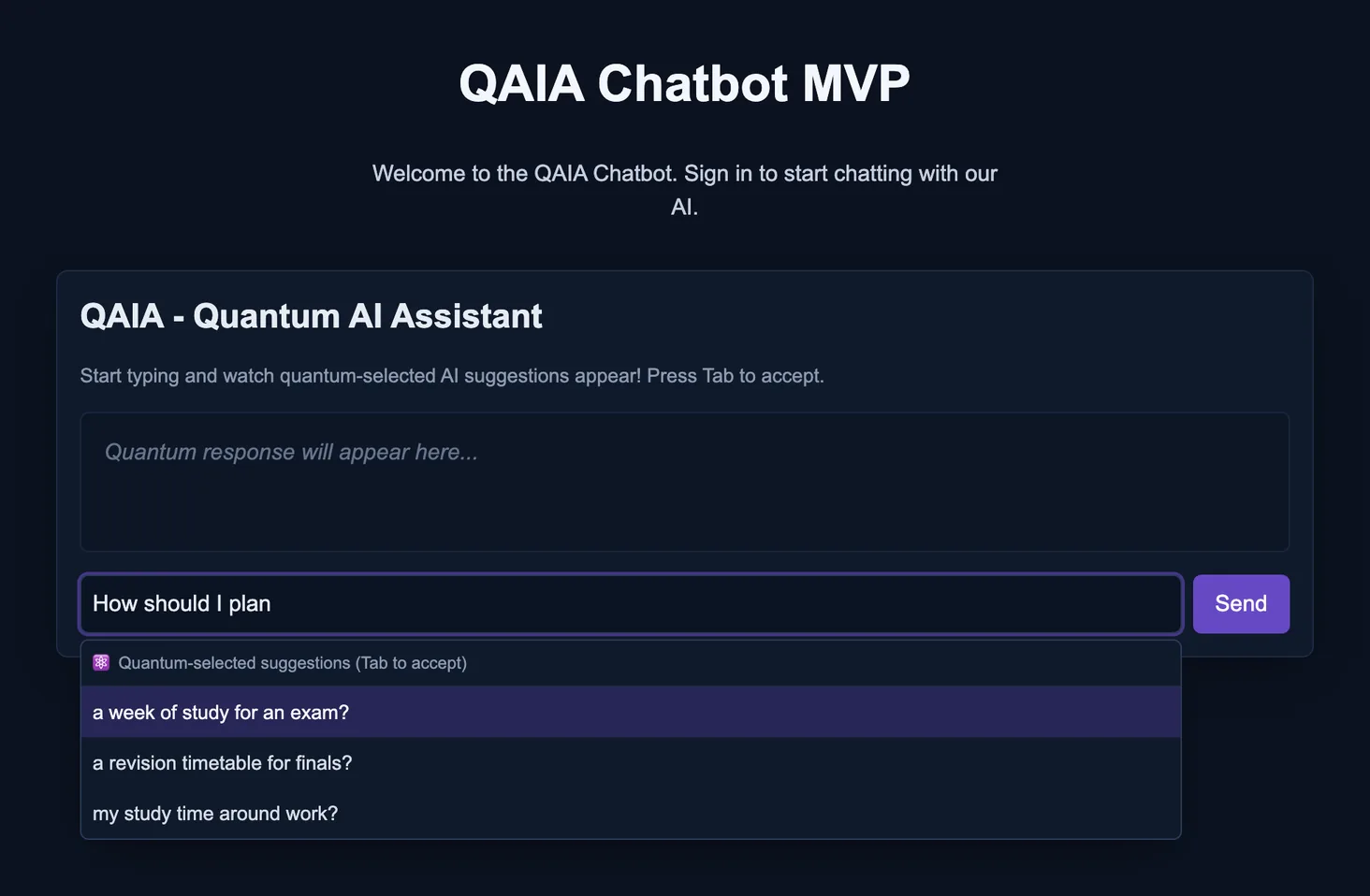 QAIA prototype input box with the partial question "How should I plan" and a dropdown of three suggested completions, accepted with the Tab key