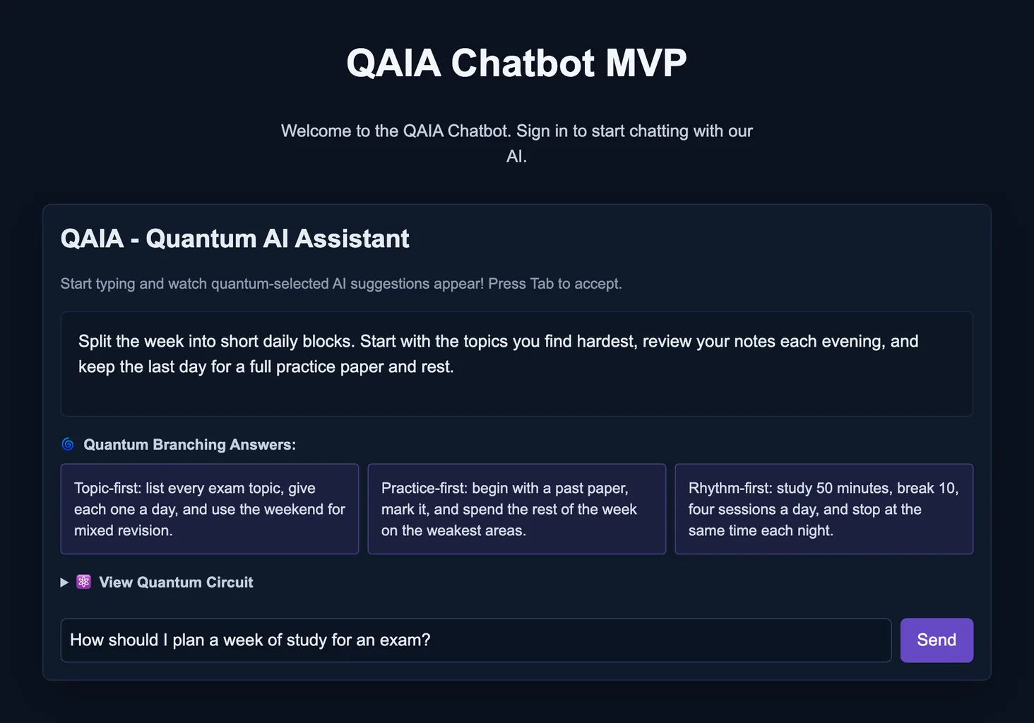 QAIA prototype: the question "How should I plan a week of study for an exam?" with a main answer and three branching answers labelled Topic-first, Practice-first and Rhythm-first